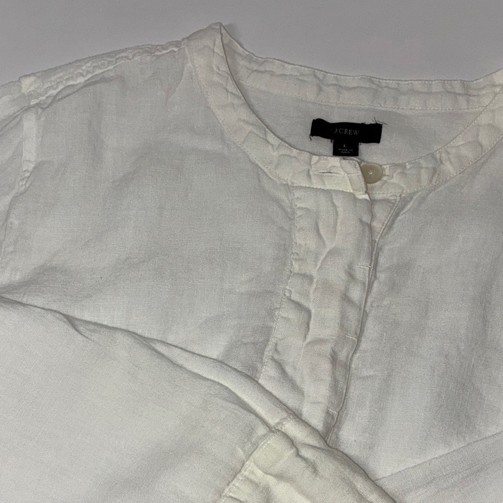 J.CREW White 100% Linen  Button Front Round Neck 3/4 Sleeve Blouse L
